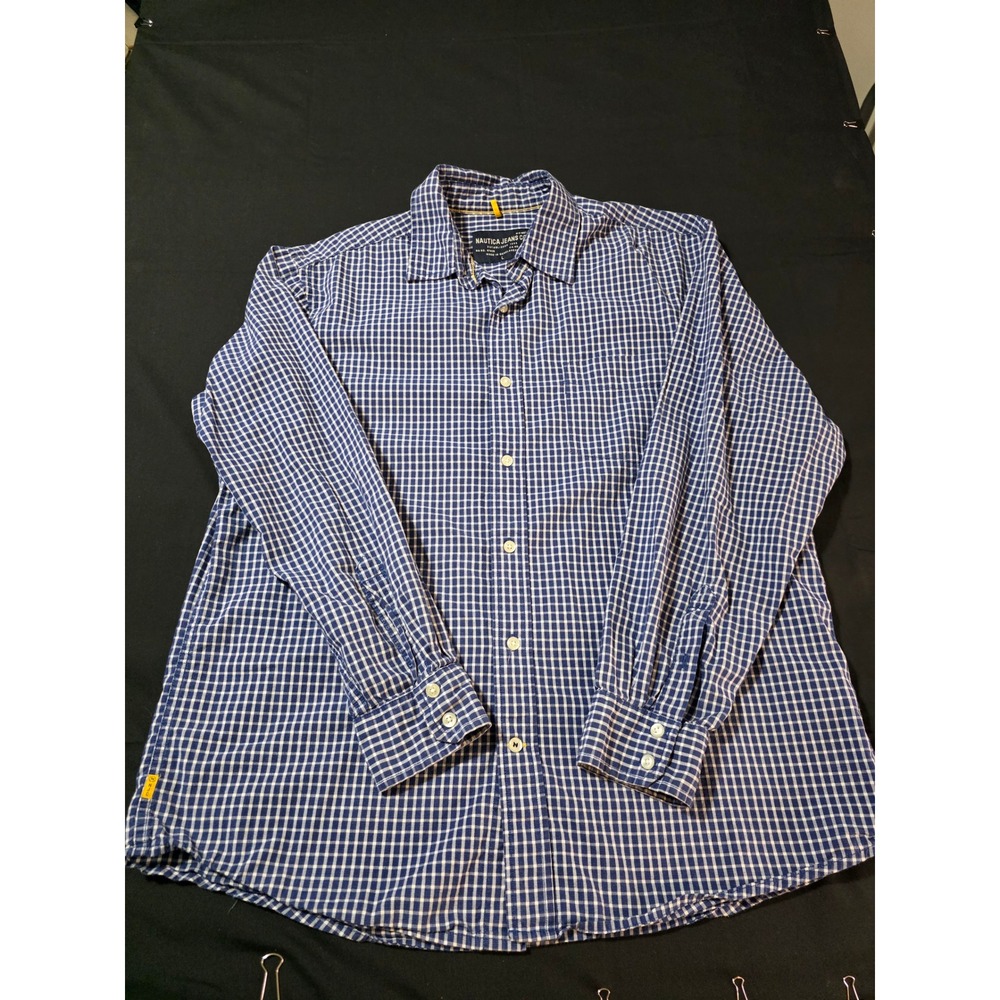 Nautica Jeans Co Mens Large Blue White Gingham Check Long Sleeve Button Down